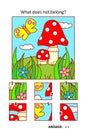 Visual puzzle with picture fragments.Toadstools, butterfly, grass, flowers. What does not belong? Royalty Free Stock Photo